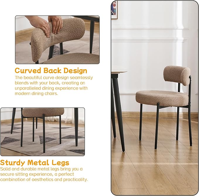 EDWELL Dining Chairs Set of 6, Round Upholstered Kitchen Dining Room Chairs, Mid- Century Modern Sherpa Dining Chair with Black Legs, Curved Backrest Boucle Chair for Kitchen, Dining Room
