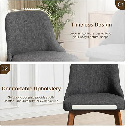 Casaphoria Set of 2 Upholstered Dining Chairs, Dark Grey Fabric Kitchen Chairs with Walnut Wood Legs, Modern Accent Chairs for Dining Room, Living Room or Kitchen