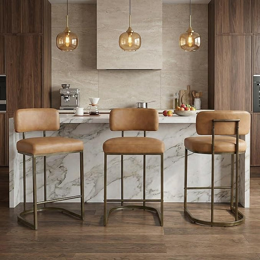 26" H Counter Height Bar Stools Set of 3, Modern Faux Leather Upholstered Barstools with Backrest for Kitchen Island, Gold Metal Frames, Brown