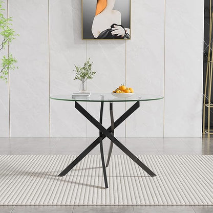 Round Dining Table, 36 Inch Glass Kitchen Table for 4 People, Tempered Glass Dinner Room Table with Silver X Metal Legs, Modern Circle Small Coffee Table for Home Dining Room Kitchen Restaurant
