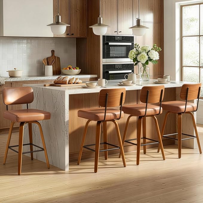 Swivel Bar Stools Set of 4, 26" Upholstered Counter Height Bar Stools with Back and Bent Walnut Wood Legs, Faux Leather Modern Barstools for Kitchen Island,Brown