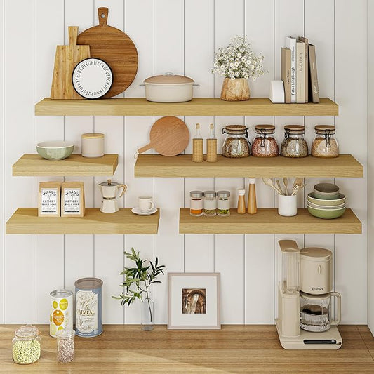 Fun Memories Floating Shelves 32 Inch Long, 9.3Inch Deep Floating Shelves for Wall, Extra Deeper & Thicker Wall Mounted Storage Shelf for Kitchen, Farmhouse, Oak, 2 Pack