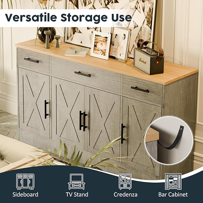 SUNLEI Kitchen Buffet Sideboard Cabinet, Wooden Storage with 4 Doors and 3 Drawers, Adjustable Shelf, Modern Farmhouse Coffee Bar Cabinet with Storage for Kitchen/Laundry/Living Room, Grey