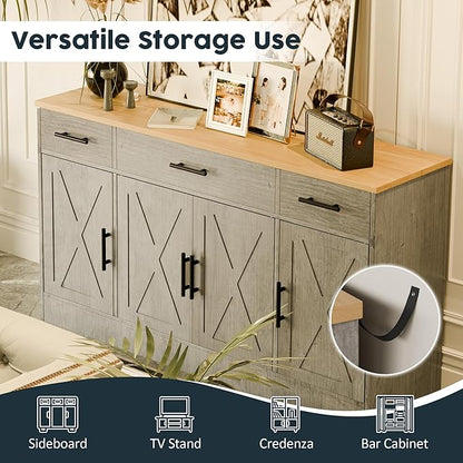 SUNLEI Kitchen Buffet Sideboard Cabinet, Wooden Storage with 4 Doors and 3 Drawers, Adjustable Shelf, Modern Farmhouse Coffee Bar Cabinet with Storage for Kitchen/Laundry/Living Room, Grey