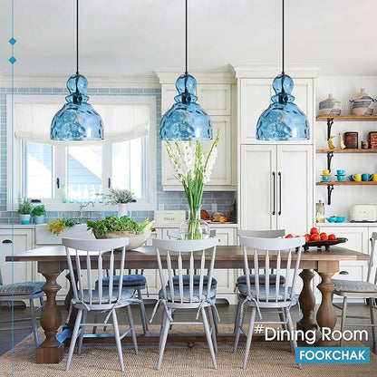 Coastal Pendant Light Blue Hammered Glass Kitchen Island Lights 12in Large Pendant Hanging Light for Dining Room Kitchen Sink Hallway Entrance, E26