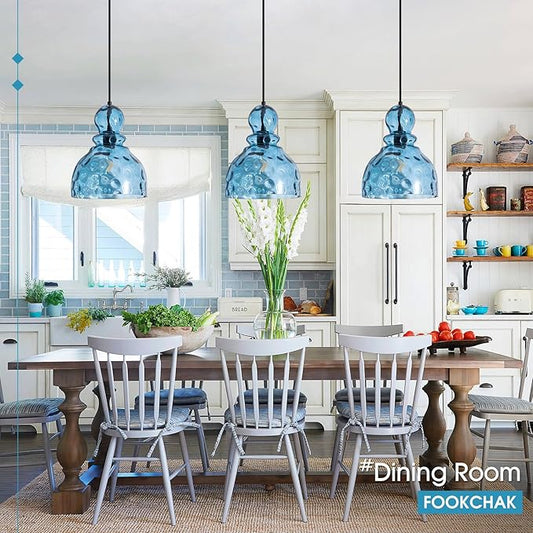 Coastal Pendant Light Blue Hammered Glass Kitchen Island Lights 12in Large Pendant Hanging Light for Dining Room Kitchen Sink Hallway Entrance, E26