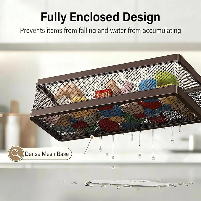 PUSDON 5-in-1 16.5" Extra Long Slim Wall Mount Wrapped Mesh Kitchen Organizer & Shower Caddy Kit, with Paper Towel Holder, Utensil Holder, Soap Dish, Holds 50LBS - Vintage Bronze, Netting