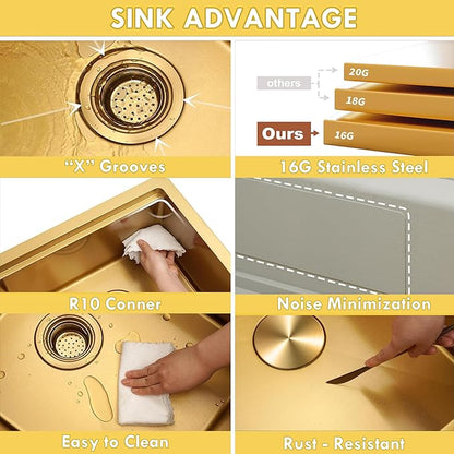 33 Inch Gold Undermount Kitchen Sink, NANO-PVD 304 Stainless Steel Sinks 16 Gauge Single Bowl Ledge Workstation With Accessories, 33"x19"x9" Inch Large and Deep Basin