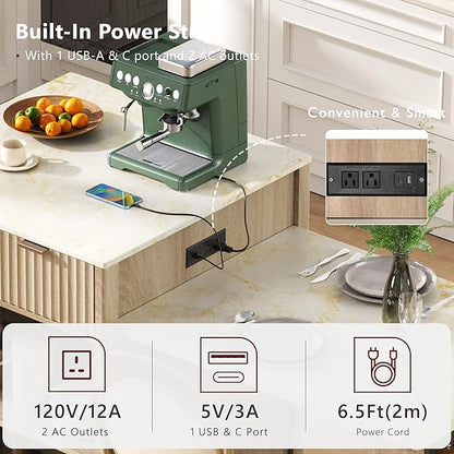 Polibi 82.6" Fluted Kitchen Island with Extendable Dining Table, for 4-6 Seating, Power Outlet (AC/USB/C), Double-Side Storage, 2 Drawers & Side Open Shelves, Natural