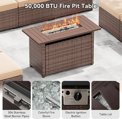 LazySunsets 12-Piece Patio Furniture Set with 44" Fire Pit Table, Wicker Outdoor Furniture, Patio Conversation Sets with Coffee Table, Outdoor Sectional Couch with Waterproof Cover, Beige
