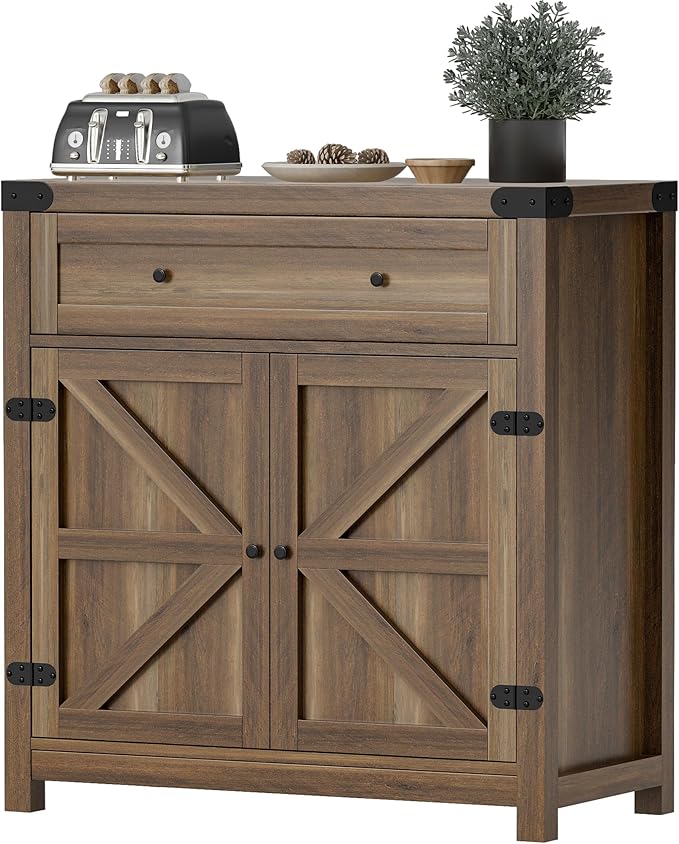 Flamaker Coffee Bar Cabinet with Storage,Sideboard Buffet Cabinet with 1 Drawer and 2 Barn Doors,Kitchen Storage Cabinet for Kitchen, Living Room, Entryway (Brown)