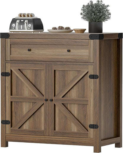 Flamaker Coffee Bar Cabinet with Storage,Sideboard Buffet Cabinet with 1 Drawer and 2 Barn Doors,Kitchen Storage Cabinet for Kitchen, Living Room, Entryway (Brown)