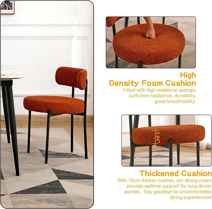 EDWELL Orange Dining Chairs Set of 2, Upholstered Dining Room Chairs, Curved Backrest Boucle Dining Chair for Kitchen, Living Room, Mid-Century Modern Kitchen Chairs with Black Metal Legs