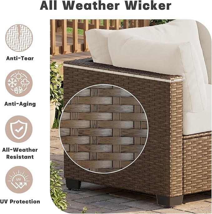 Patio Furniture Set, 7-Piece Outdoor Sectional Couch with Coffee Table & Thick Cushions, Outdoor Wicker Conversation Set for Backyard, Poolside, Garden (Brown-White, 7 Piece-Double)