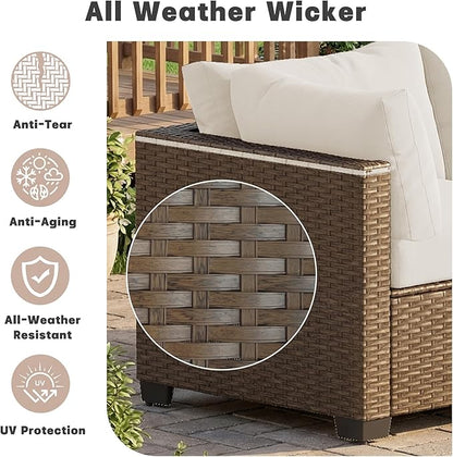 Patio Furniture Set, 7-Piece Outdoor Sectional Couch with Coffee Table & Thick Cushions, Outdoor Wicker Conversation Set for Backyard, Poolside, Garden (Brown-White, 7 Piece-Double)