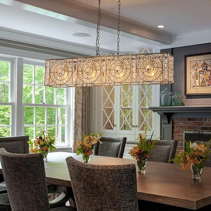 4-Lights Rectangle Crystal Chandelier for Dining Room, 42.12" Vintage Bronze Finish Large Chandeliers for High Ceilings, Flush Mount Pendant Light for Living Room Kitchen Island Bar