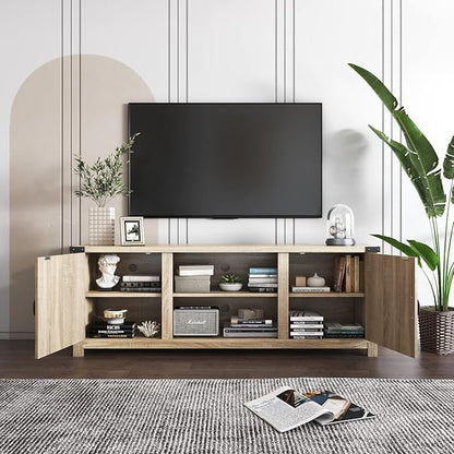YESHOMY Modern Farmhouse TV Stand with Two Barn Doors and Storage Cabinets for Televisions up to 65+ Inch, Entertainment Center Console Table, Media Furniture for Living Room, 58 Inch, White Oak