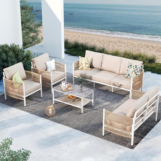Aluminum Outdoor Patio Furniture Set with Dual-Layer Coffee Table, 5 Piece Modern Patio Conversation Sets with PE Rope, Outdoor Sectional Sofa with Thick Cushions for Balcony, Deck, Ivory
