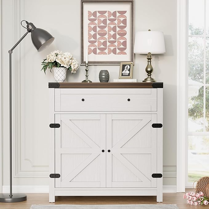 Flamaker Sideboard Buffet Cabinet with Storage, Farmhouse Coffee Bar Cabinet with 1 Drawer and 2 Barn Doors, Barn Door Console Table, Storage Cabinet for Kitchen, Dining Room, Entryway (White)