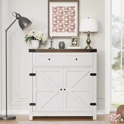 Flamaker Sideboard Buffet Cabinet with Storage, Farmhouse Coffee Bar Cabinet with 1 Drawer and 2 Barn Doors, Barn Door Console Table, Storage Cabinet for Kitchen, Dining Room, Entryway (White)