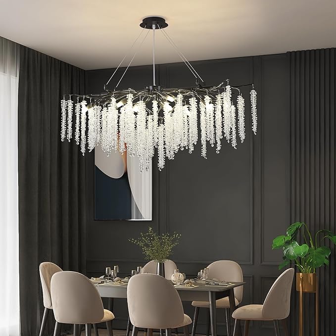 Tree Branch Chandelier L39.5 Inch Black Luxury Rectangular Crystal Raindrop Pendant Light 12 Lights Kitchen Island Hanging Light Fixture for Living Room Dining Room Foyer Entryway
