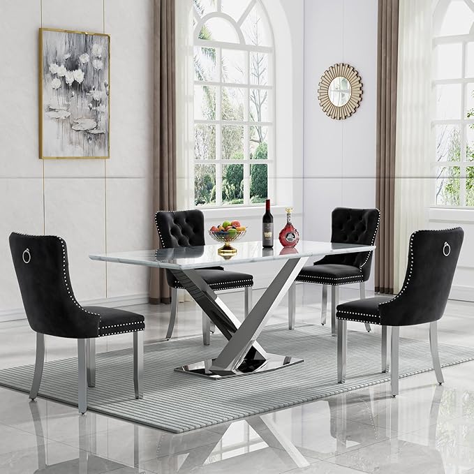 70 in Faux Marble Dining Table for 4 6 8, Modern White Silver Kitchen & Dining Room Table with X-Shape Stainless Steel Pedestal, Luxury Rectangular Large Dinner Table for Kitchen Home