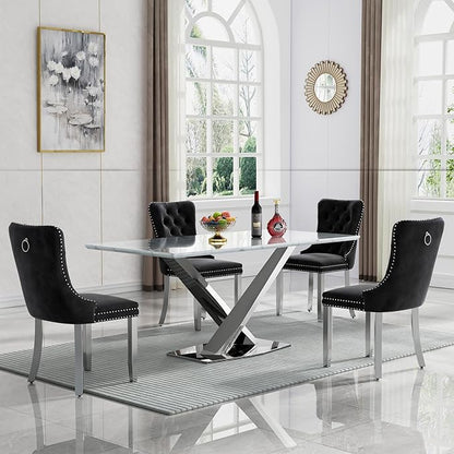 70 in Faux Marble Dining Table for 4 6 8, Modern White Silver Kitchen & Dining Room Table with X-Shape Stainless Steel Pedestal, Luxury Rectangular Large Dinner Table for Kitchen Home