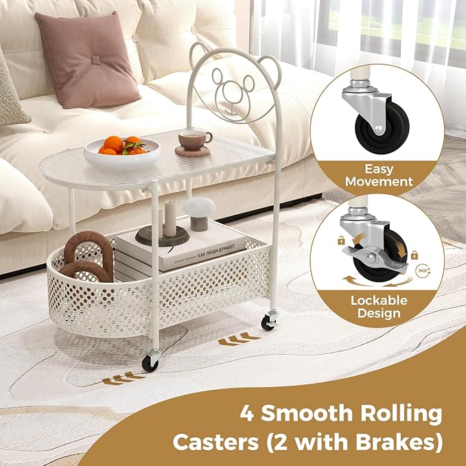 Giantex Mobile Glass Coffee Table, 2-Tier Modern Cocktail Table with Bear Pattern, Storage Basket & Metal Frame, Sofa Side Tea Table on Lockable Wheels, Center Table for Living Room, Bedroom (White)