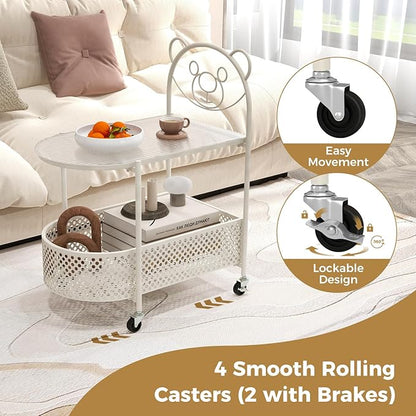 Giantex Mobile Glass Coffee Table, 2-Tier Modern Cocktail Table with Bear Pattern, Storage Basket & Metal Frame, Sofa Side Tea Table on Lockable Wheels, Center Table for Living Room, Bedroom (White)