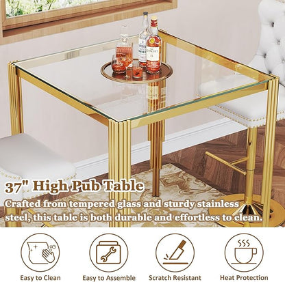 Glass Square Bar Table, 37" Modern High Pub Table with Clear Tempered Glass Top and Polished Gold Stainless Steel Legs, Counter Height Table for Kitchens, Apartments, and Small Spaces