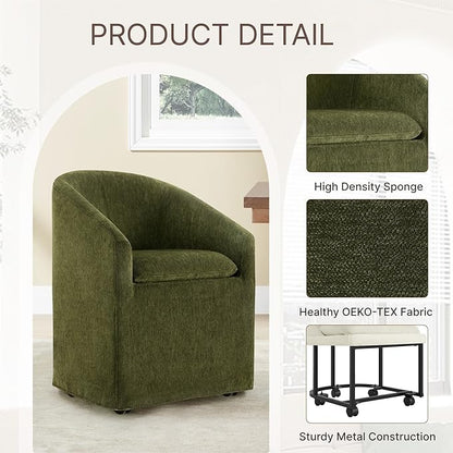 KISLOT Upholstered Dining Chairs Set of 2 with Casters, Modern Side Barrel Armchair with Washable Slipcover & Sturdy Metal Frame for Diningroom Bedroom Livingroom Reading Room, Green Fabric