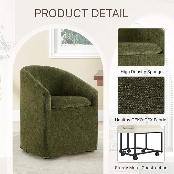 KISLOT Upholstered Dining Chairs Set of 4 with Casters, Modern Side Barrel Armchair with Washable Slipcover & Sturdy Metal Frame for Diningroom Bedroom Livingroom Reading Room, Green Fabric