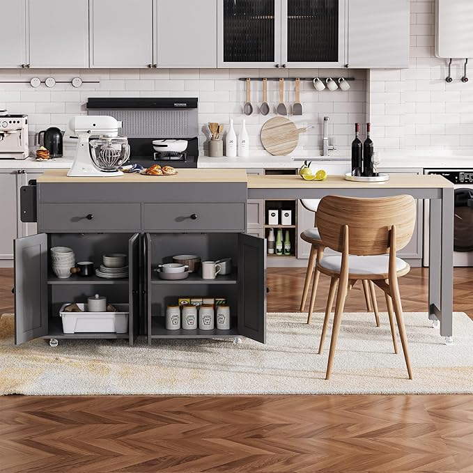Modern Dining Table 74.5 Inch Kitchen Island with Extendable Table, Rolling Cart with 4 Door Cabinet, 2 Drawers, Spice Rack, Wood Counter for Living Room,Grey-MDF