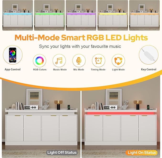 UNIQUITE 63" Sideboard Buffet Cabinet, Kitchen Buffet Cabinet Storage Cabinets with Power Outlets & LED Light, Modern Sideboard Coffee Bar Buffet Cabinets for Kitchen, Dinning, Living Room