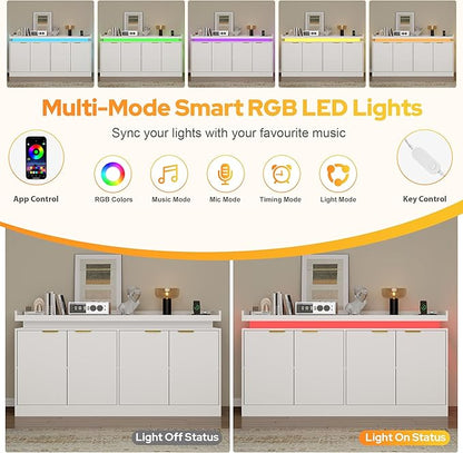 UNIQUITE 63" Sideboard Buffet Cabinet, Kitchen Buffet Cabinet Storage Cabinets with Power Outlets & LED Light, Modern Sideboard Coffee Bar Buffet Cabinets for Kitchen, Dinning, Living Room