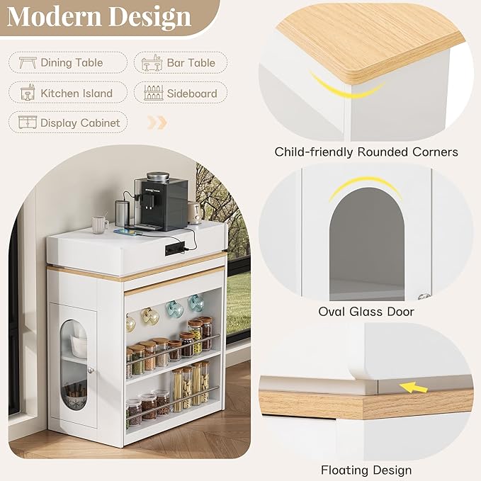 Kitchen Islands with Extendable Dining Table, Wheels and Hooks, Sideboard, Island Table with Double-Side Storage for Kitchen and Dining Room (Creamy White+Natural)