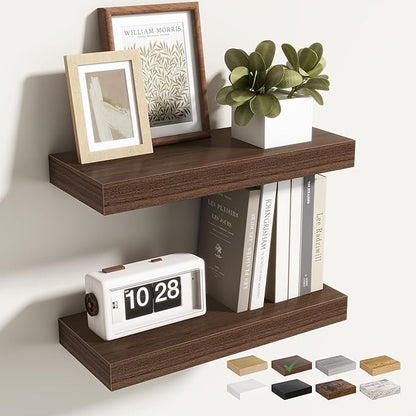 Acovy 16 Inch Floating Shelves for Wall 2 Pack, 16" Wall Shelves for Books, Storage, Decor, Wall Mounted Floating Shelf with Invisible Brackets for Kitchen, Living Room, Walnut
