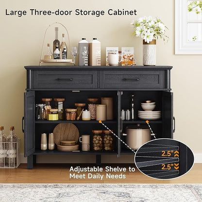 ONBRILL 48 Inches Buffet Cabinet with Storage, Farmhouse Sideboard Buffet w/2 Drawers and 3 Doors, Wood Coffee Bar Cabinet with Adjustable Shelves, Sideboard Storage for Kitchen, Living Room, Black