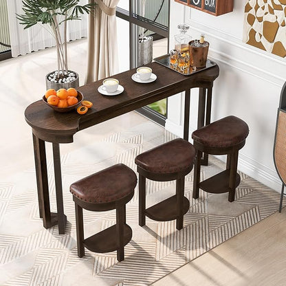 Bar Table and Chairs Set of 4 with 3 PU Upholstered Bar Stools, Breakfast Bar Table, Solid Wood Bar Height Dining Table Set, for Kitchen, Living Room, Party Room, Small Space (Espresso)