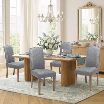 Upholstered Dining Chair Modern Stylish Parsons Kitchen Diner High Back with Silver Nailhead Trim & Wood Legs, Set of 2, Fabric Classic Grey