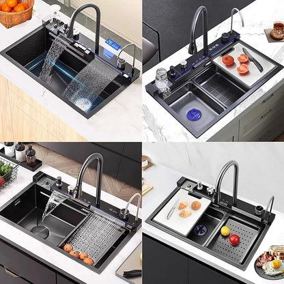 Sinks Countertop or Embedded Single Bowl Stainless Steel Kitchen Sink with Drain basket, cutting board, vegetable sink, multi-function pull-out faucet set (Black, 33.4x18x9 In)