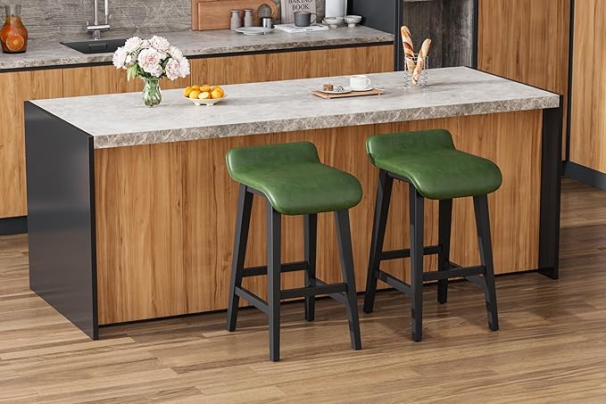 IDEALHOUSE 26.2" Solid Wood Bar Stools Set of 2, Counter Height Bar Stools with Wide PU Leather Upholstered Seat, Barstools Set for Kitchen Islands, Counter Bars, Green