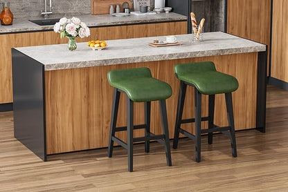 IDEALHOUSE 26.2" Solid Wood Bar Stools Set of 2, Counter Height Bar Stools with Wide PU Leather Upholstered Seat, Barstools Set for Kitchen Islands, Counter Bars, Green