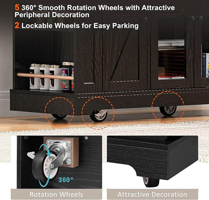 GOWE K&K 53'' Farmhouse Kitchen Island with Two Tempered Glass Cabinet Doors, Power Outlet, Rolling Kitchen Cart on Wheels with Drop Leaf, 5 Open Side Racks, 3 Drawers, for Kitchen, Dining Room, Black