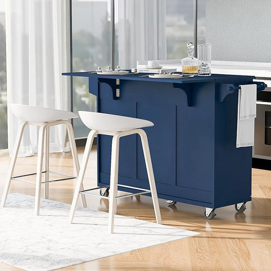 53.2'' Rolling Kitchen Island Cart with Drop Leaf and Adjustable Shelves,Spice Rack, Towel Rack and 2 Drawers,for Kitchen Living Room Dining Room (Navy Blue@u)