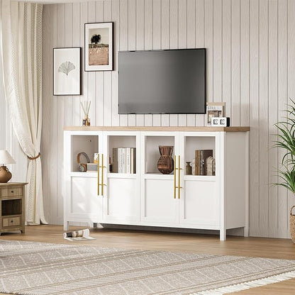 Garvee Large Buffet Cabinet with Storage, Sideboard Buffet Cabinet with Glass Doors, Modern Farmhouse Storage Cabinet Table for Kitchen Dining Room, Living Room (White, Glass with 4 Doors)