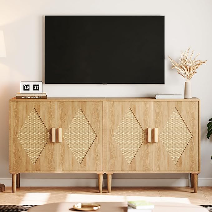 GarveeHome Two-Piece Dining Sideboard with Storage, Rattan Decorative Double Door Storage Cabinets, Sideboards and Decorative Cabins for Living Room, Dining Room, Foyer, Kitchen
