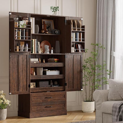 ONBRILL 71" Tall Farmhouse Kitchen Pantry Cabinet with 3 Pull Out Shelves & 2 Large Drawers, Pantry Storage Cabinet with 6 Door Shelf & Adjustable Shelf, Freestanding Cupboard for Kitchen, Dining Room