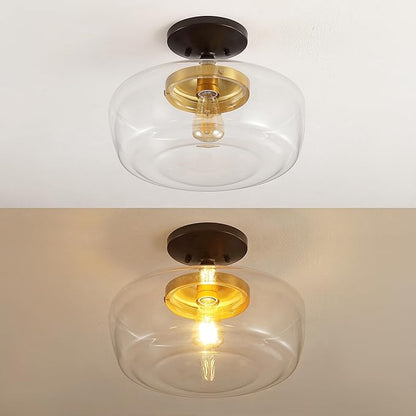JONATHAN Y 14" Oil Rubbed Bronze/Brass Gold Modern Farmhouse LED Flush Mount Light Fixture, Clear Glass Shade, Rustic Industrial Schoolhouse Lamp for Kitchen Hallway Bedroom (JYL7517E)