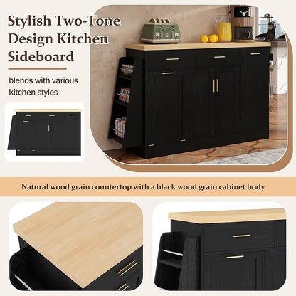 48.8" Multi-Functional Storage Sideboard, Trash Can Storage, Sliding Door Cabinet & 3-Tier Spice Rack,Kitchen Island Table for Kitchen, Dining Room (Black)